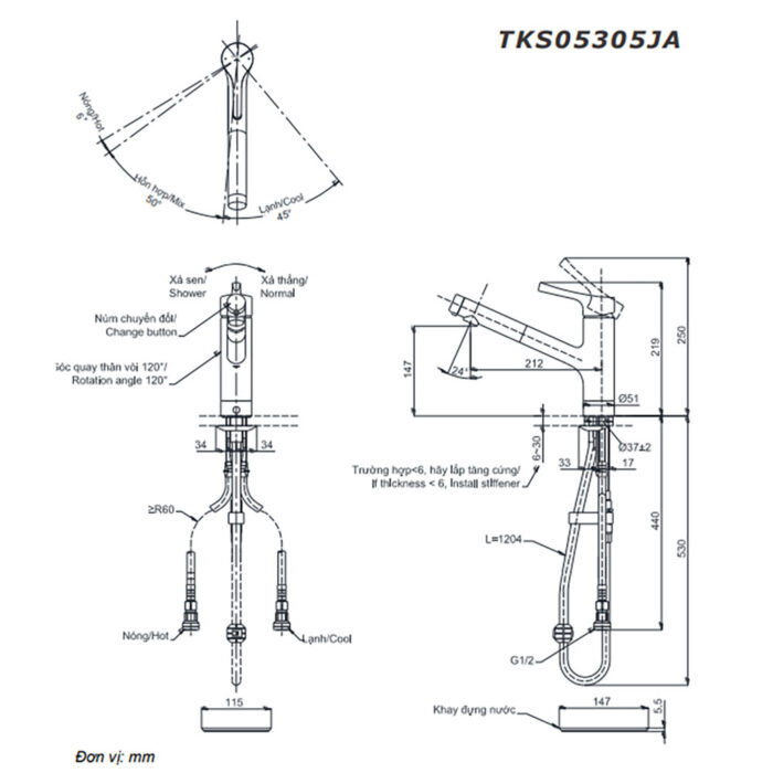 Bản vẽ kỹ thuật Vòi rửa bát TOTO TKS05305JA nóng lạnh rút dây