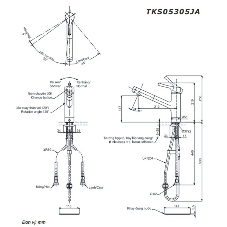Bản vẽ kỹ thuật Vòi rửa bát TOTO TKS05305JA nóng lạnh rút dây