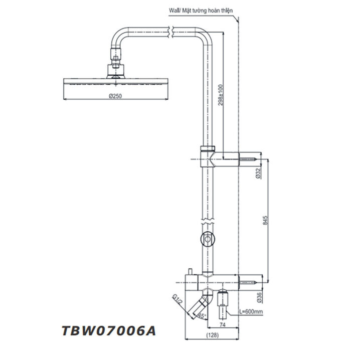 Bản vẽ kỹ thuật Vòi sen cây TOTO TBW07006A