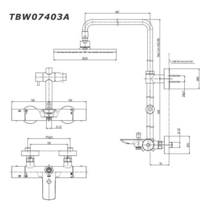 Bản vẽ kỹ thuật Vòi sen cây TOTO TBW07403A nhiệt độ
