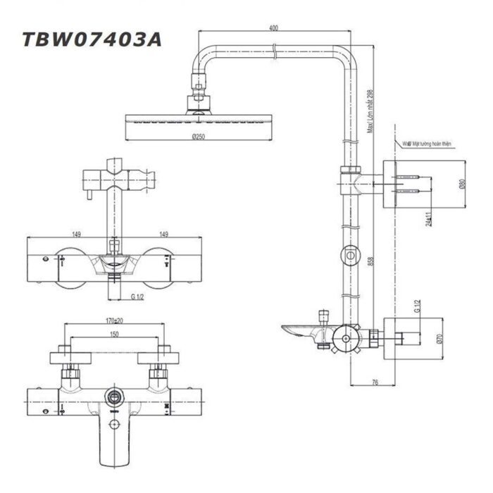 Bản vẽ kỹ thuật Vòi sen cây TOTO TBW07403A nhiệt độ