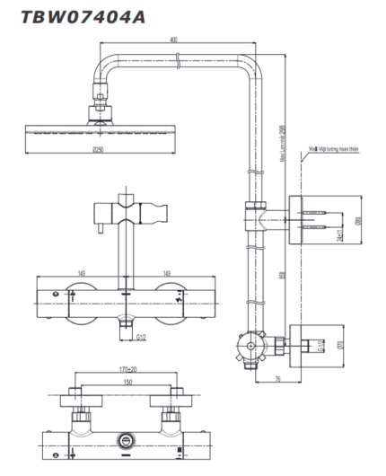 Bản vẽ kỹ thuật Vòi sen cây TOTO TBW07404A nhiệt độ