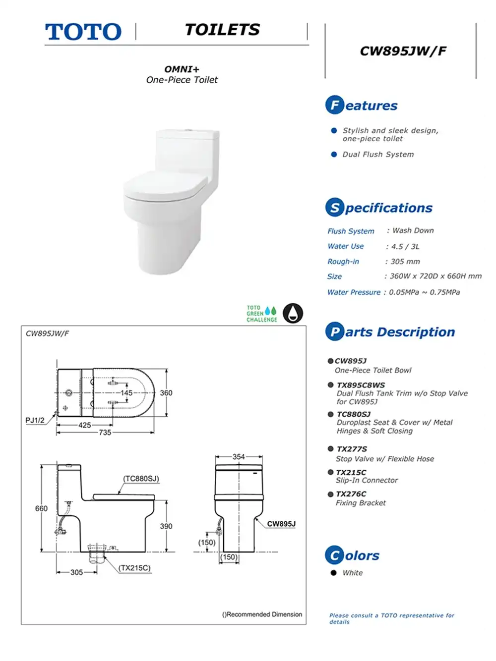 Thông số kĩ thuật bồn cầu 1 khối TOTO CW895JW F#W nắp êm