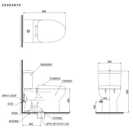 bản-vẽ-kỹ-thuật-Bồn-cầu-2-khối-TOTO-CS302DT3#W-nắp-êm-TC385VS