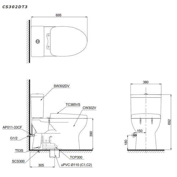 bản-vẽ-kỹ-thuật-Bồn-cầu-2-khối-TOTO-CS302DT3#W-nắp-êm-TC385VS
