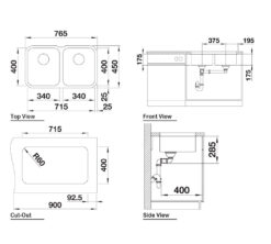 Bản Vẽ Kỹ Thuật Chậu rửa bát inox BLANCO SUPRA 340340-U âm bàn 2 hố