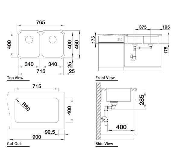 Bản Vẽ Kỹ Thuật Chậu rửa bát inox BLANCO SUPRA 340340-U âm bàn 2 hố