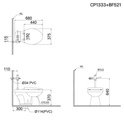 Bản vẽ kĩ thuật Bồn cầu 2 khối CAESAR CP1333 BF521 xả gạt tay nắp thường M220
