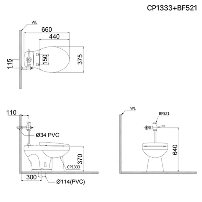 Bản vẽ kĩ thuật Bồn cầu 2 khối CAESAR CP1333 BF521 xả gạt tay nắp thường M220