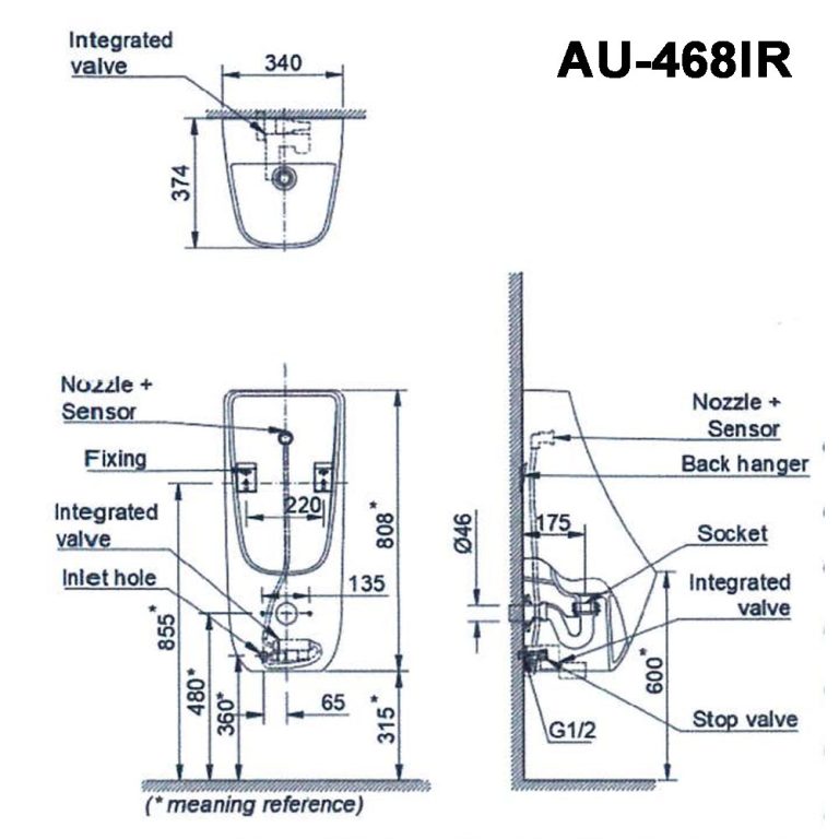 Bản vẽ kĩ thuật Bồn tiểu nam INAX AU-468IR cảm ứng pin treo tường