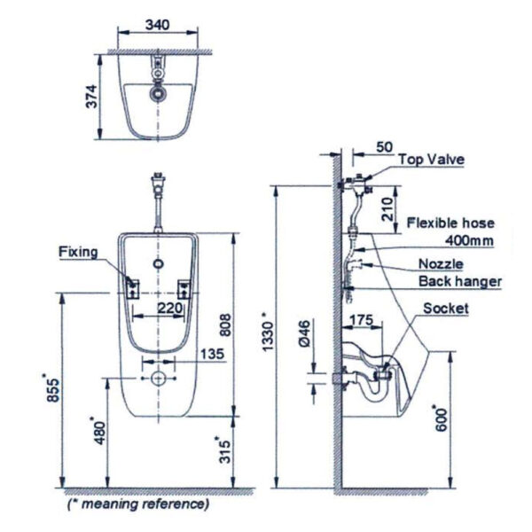 Bản vẽ kĩ thuật Bồn tiểu nam INAX AU-468V treo tường