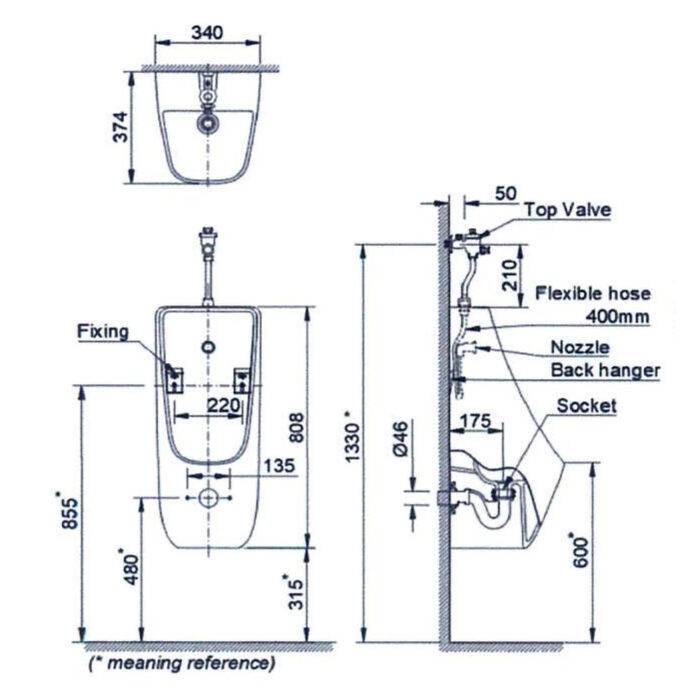 Bản vẽ kĩ thuật Bồn tiểu nam INAX AU-468V treo tường