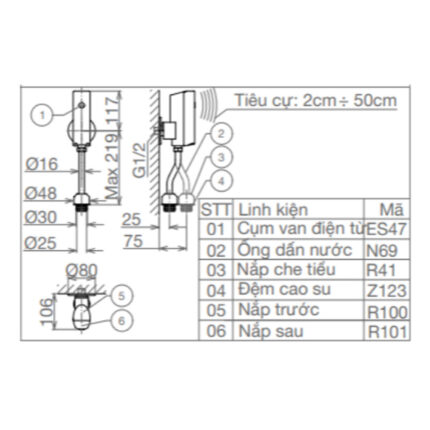Bản vẽ kĩ thuật Van xả tiểu nam VIGLACERA VG846 cảm ứng pin lắp nổi