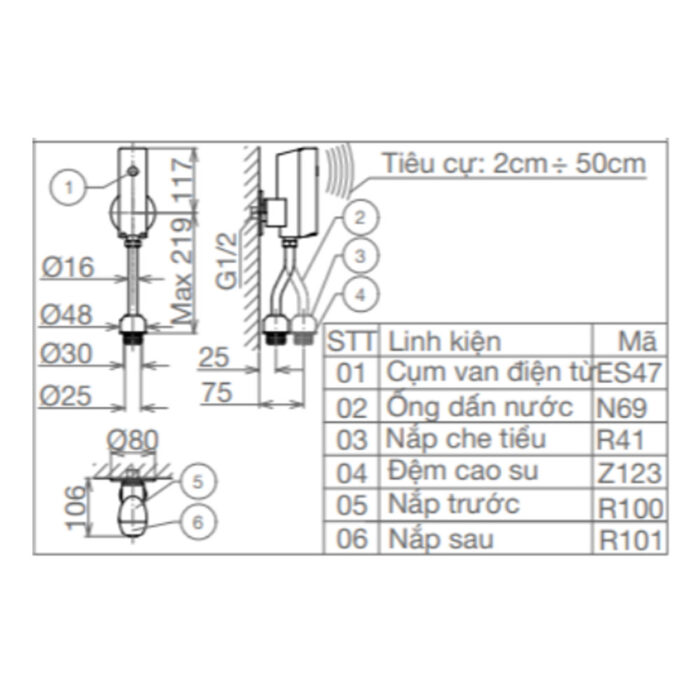 Bản vẽ kĩ thuật Van xả tiểu nam VIGLACERA VG846 cảm ứng pin lắp nổi
