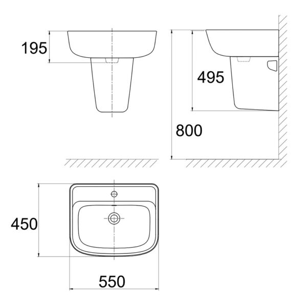 Bản vẽ kĩ thuật chậu lavabo American Standard VF-0262 VF-7062 Loven chân ngắn treo tường
