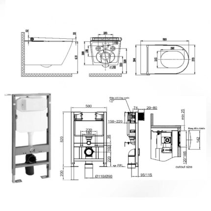 Bản vẽ kích thước Bồn cầu thông minh HUGE H-BTS236 treo tường