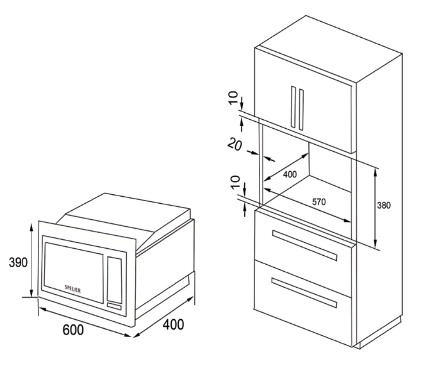 Bản vẽ kích thước Lò vi sóng SPELIER SP 8206EU kính đen âm tủ