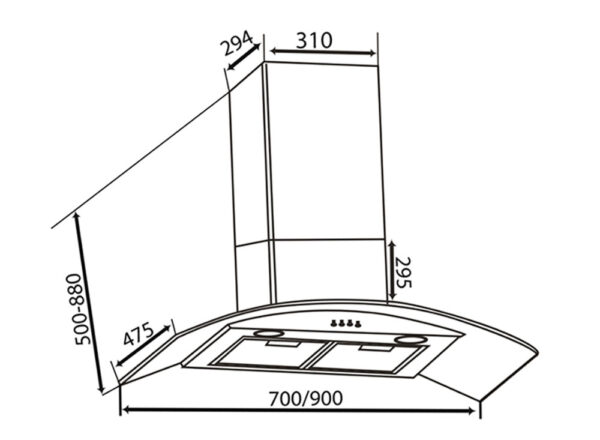 Bản vẽ kích thước Máy hút mùi CANZY CZ 3470 70cm kính cong