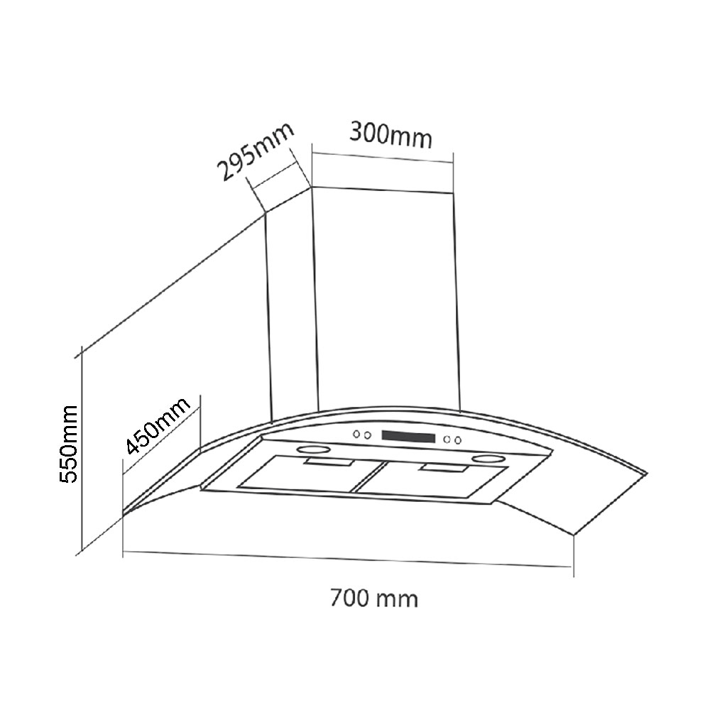Bản vẽ kích thước Máy hút mùi EUROSUN EH-70K32 70cm kính cong
