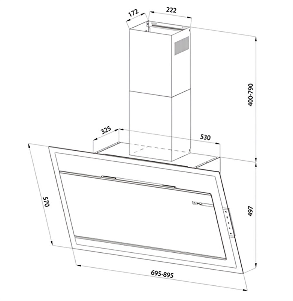 Bản vẽ kích thước Máy hút mùi EUROSUN EH-90CN78B 70cm kính vát