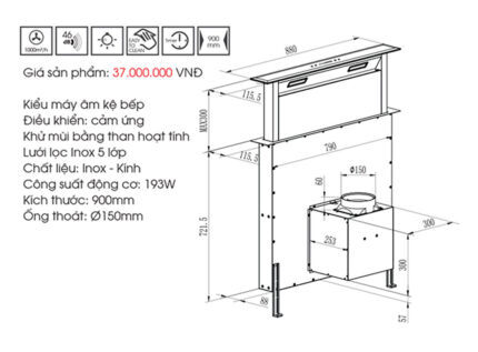 Bản vẽ kỹ thuật Máy hút mùi FASTER Down Draff Glass FS 90HFB 90cm âm bàn