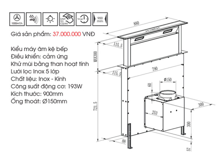 Bản vẽ kỹ thuật Máy hút mùi FASTER Down Draff Glass FS 90HFB 90cm âm bàn