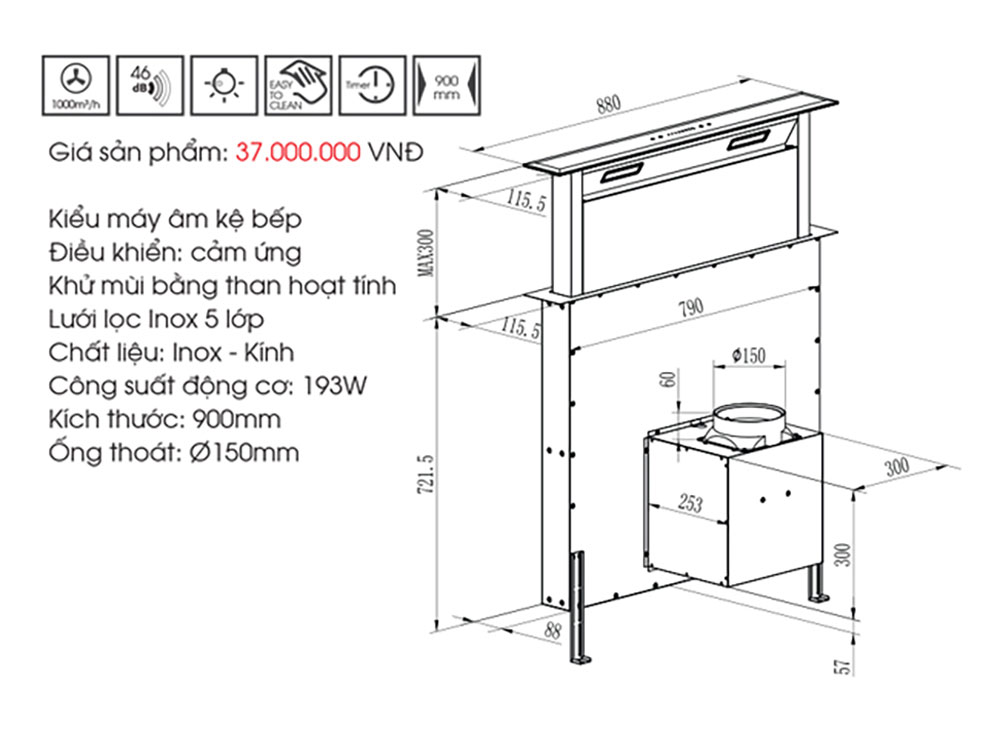 Bản vẽ kỹ thuật Máy hút mùi FASTER Down Draff Glass FS 90HFB 90cm âm bàn