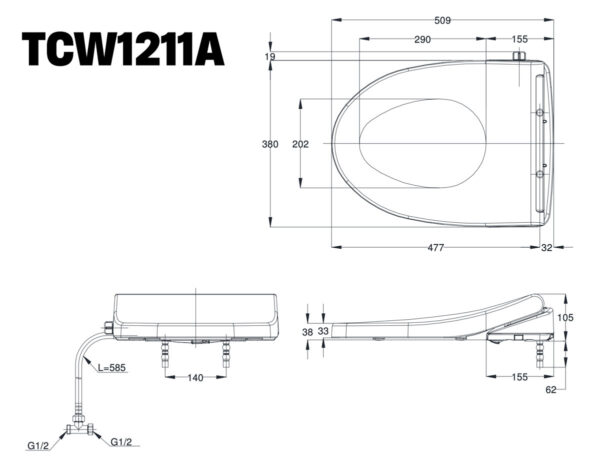 Bản vẽ kỹ thuật Nắp bồn cầu rửa cơ TOTO TCW1211A (E4)