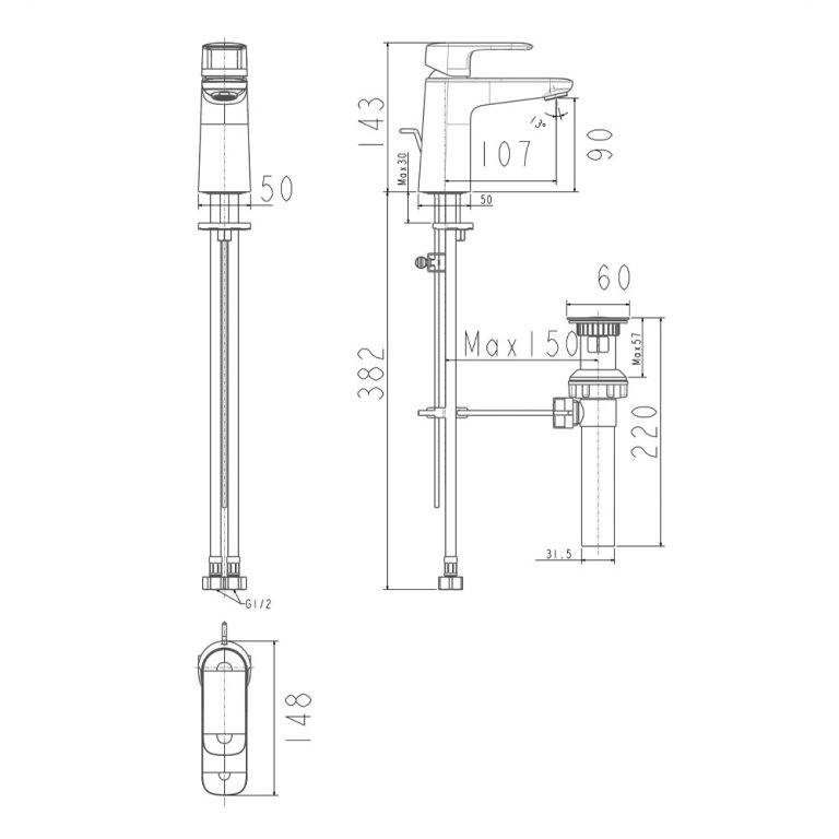 Bản vẽ kỹ thuật Vòi lavabo American Standard WF-1M01 Loven nóng lạnh