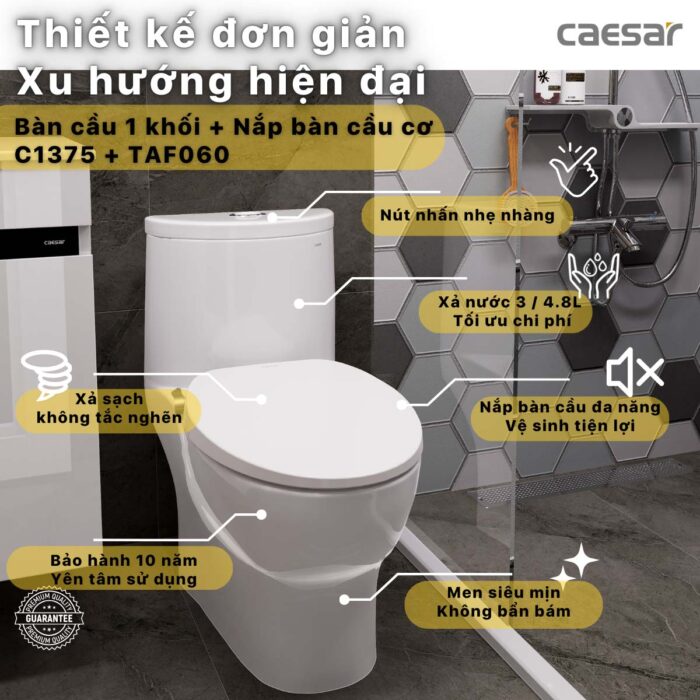 Bồn cầu thông minh CAESAR C1375F TAF060 (CD1375) nắp rửa cơ - Ảnh 2
