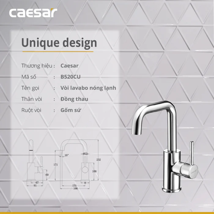 Vòi lavabo CAESAR B520CU cổ cao nóng lạnh - Ảnh 4