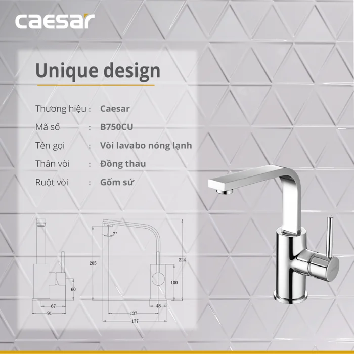 Vòi lavabo CAESAR B750CU cổ cao nóng lạnh - Ảnh 4