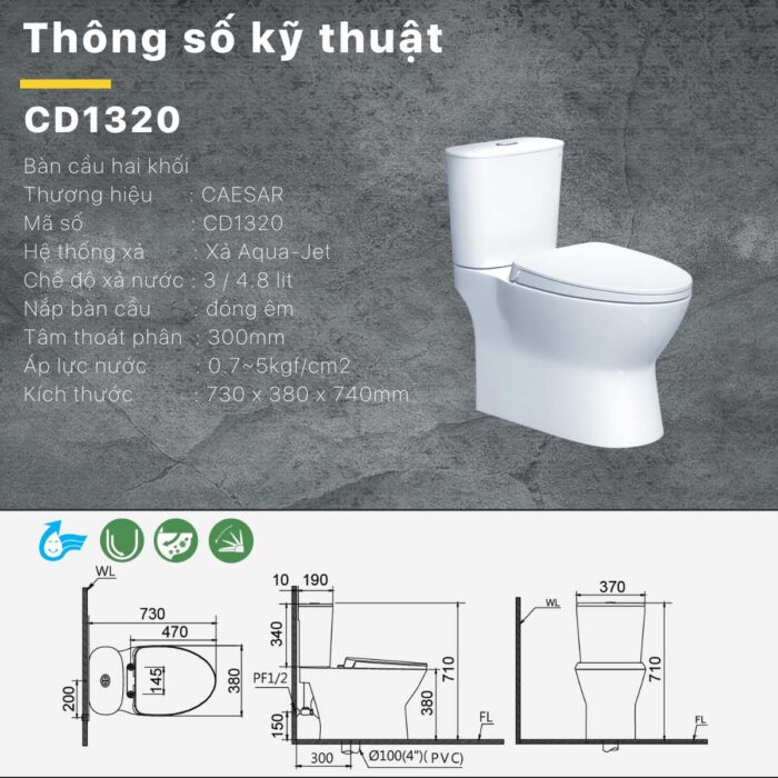 Bồn cầu 2 khối CAESAR CD1320 nắp êm M221 - Ảnh 3