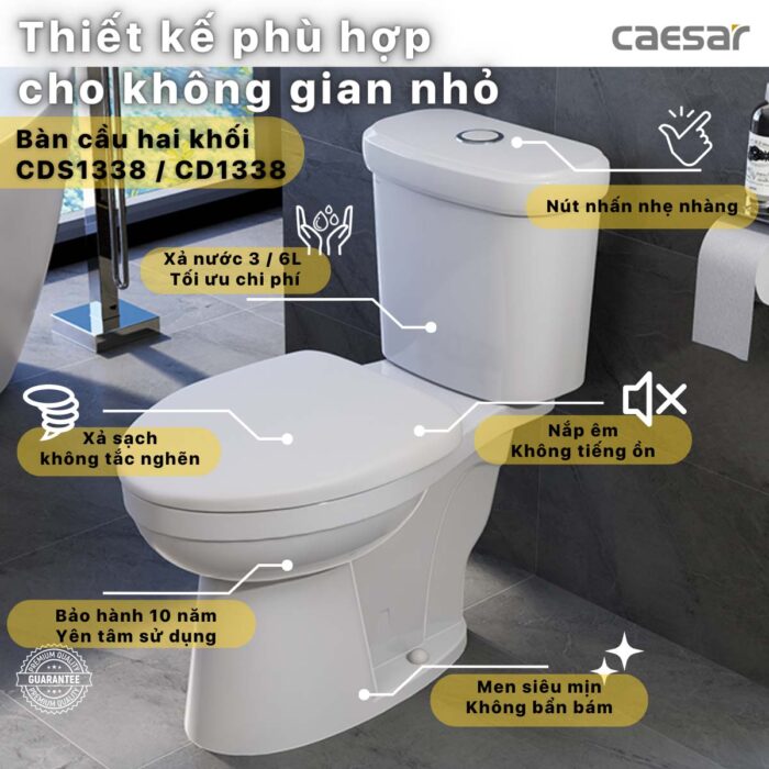 Bồn cầu 2 khối CAESAR CDS1338 nắp êm MS220 - Ảnh 3