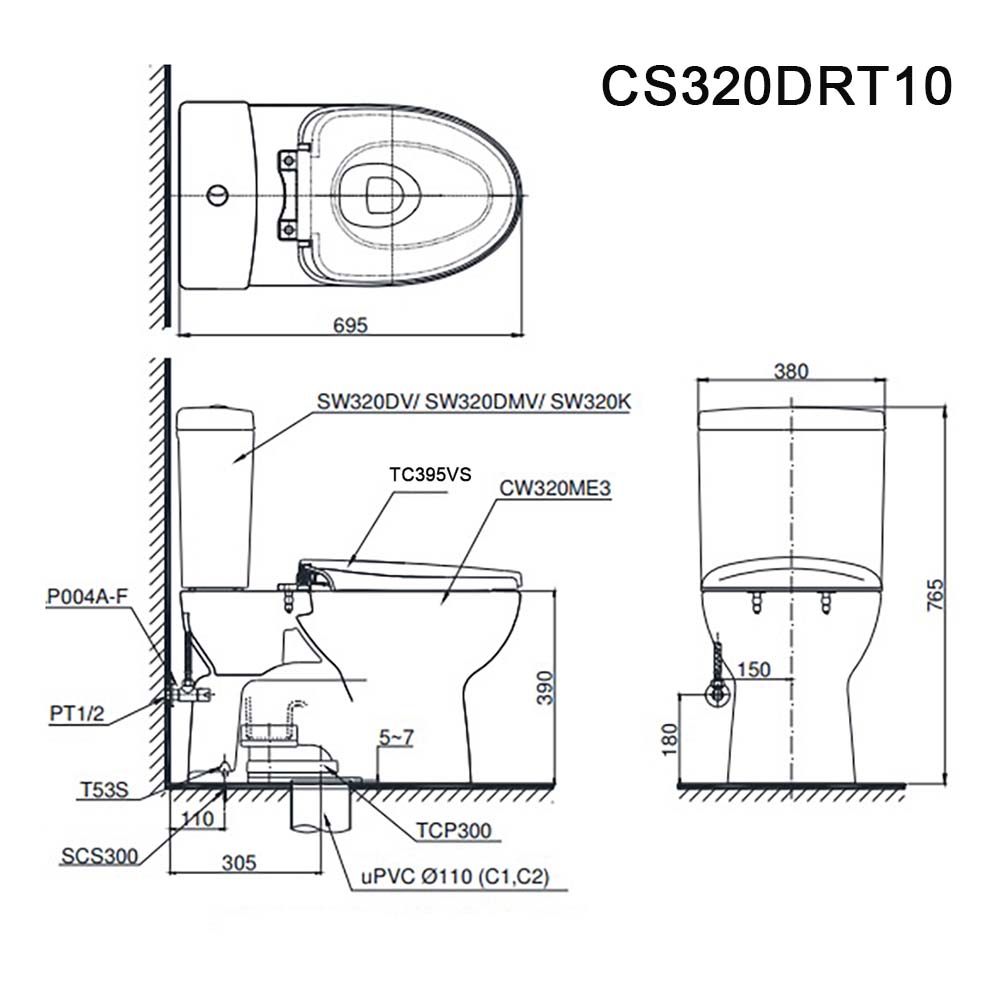 Bản vẽ kĩ thuật Bồn cầu 2 khối TOTO CS320DRT10#W nắp êm TC395VS