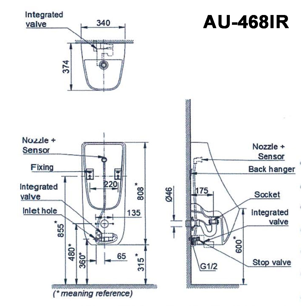 Bản vẽ kĩ thuật Bồn tiểu nam INAX AU-468IR cảm ứng pin treo tường