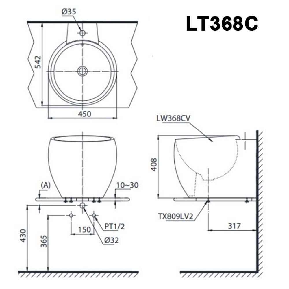 Bản vẽ kỹ thuật của Chậu đặt bàn TOTO LT368C.