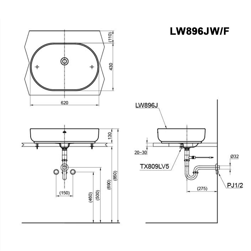 Bản vẽ kĩ thuật chậu lavabo TOTO LW896JW/F đặt bàn