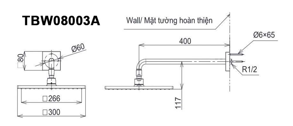 Bản vẽ kỹ thuật Bát sen âm tường TOTO TBW08003A gắn tường