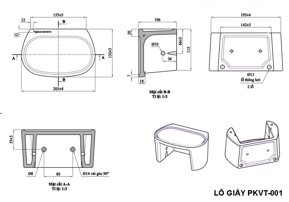 Bản vẽ kỹ thuật Lô giấy Bộ phụ kiện nhà tắm VIGLACERA PKVT-001
