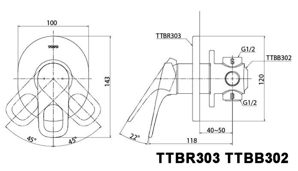 Bản vẽ kỹ thuật TTBR303 TTBB302 sen âm tường REI-R nóng lạnh