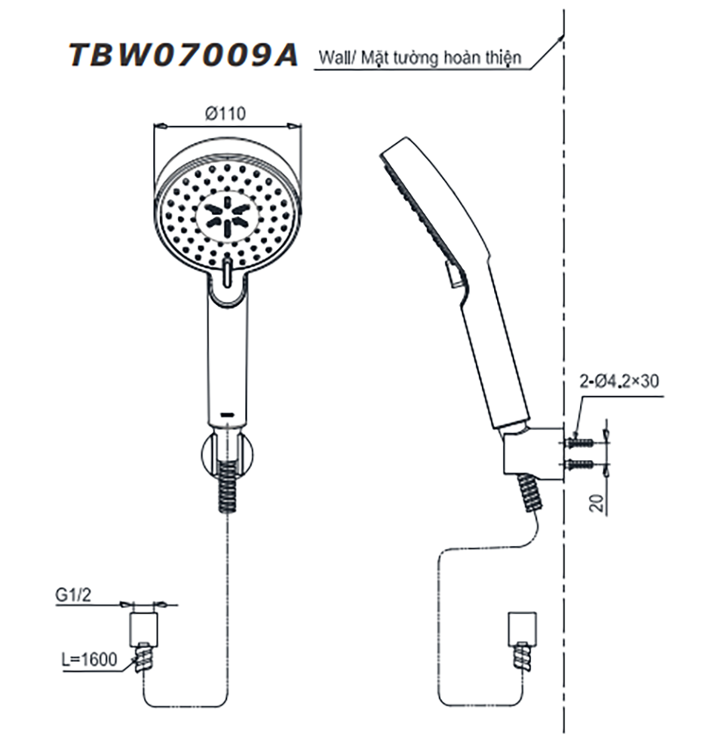 Bản vẽ kỹ thuật Tay sen tắm TOTO TBW07009A massage 5 chế độ