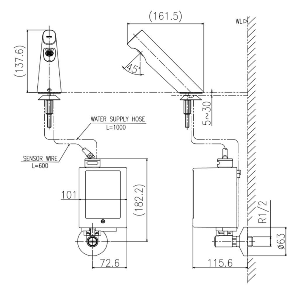 Bản vẽ kỹ thuật Vòi lavabo INAX AMV-300 cảm ứng pin nước lạnh
