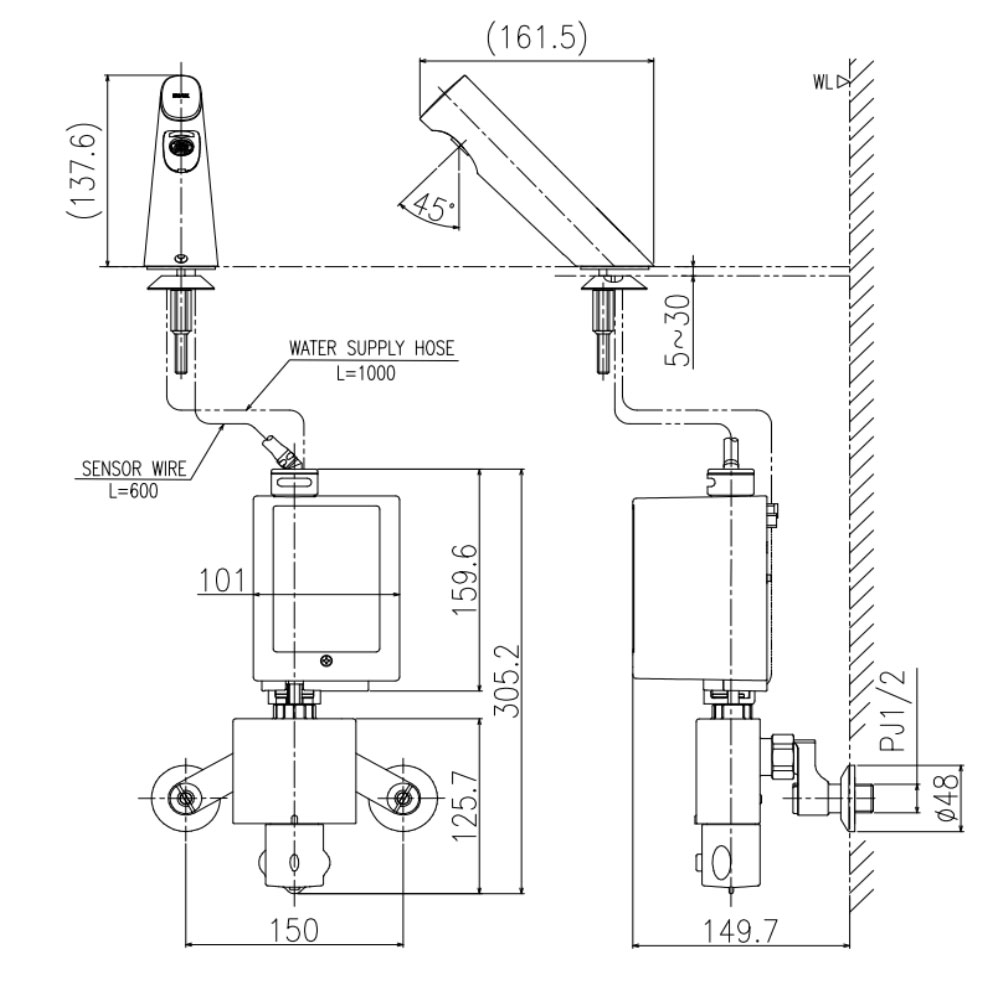Bản vẽ kỹ thuật Vòi lavabo INAX AMV-300K cảm ứng pin nóng lạnh