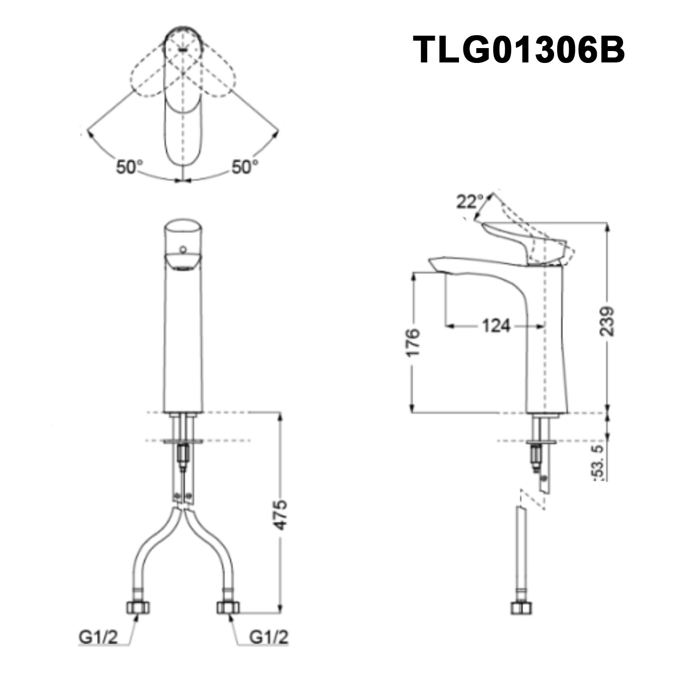 Bản vẽ kỹ thuật Vòi lavabo TOTO TLG01306B nóng lạnh cổ cao