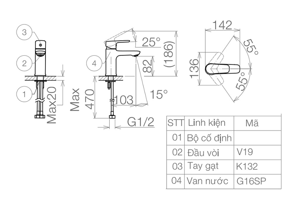 Bản vẽ kỹ thuật Vòi lavabo VIGLACERA VG132 nóng lạnh