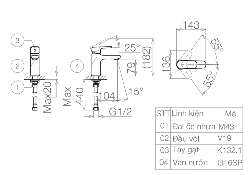 Bản vẽ kỹ thuật Vòi lavabo VIGLACERA VG132.2 nước lạnh