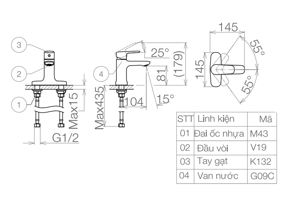 Bản vẽ kỹ thuật Vòi lavabo VIGLACERA VG332 nóng lạnh