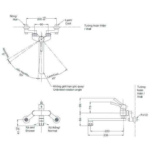 TOTO TKS05316J - Vòi rửa bát nóng lạnh gắn tường