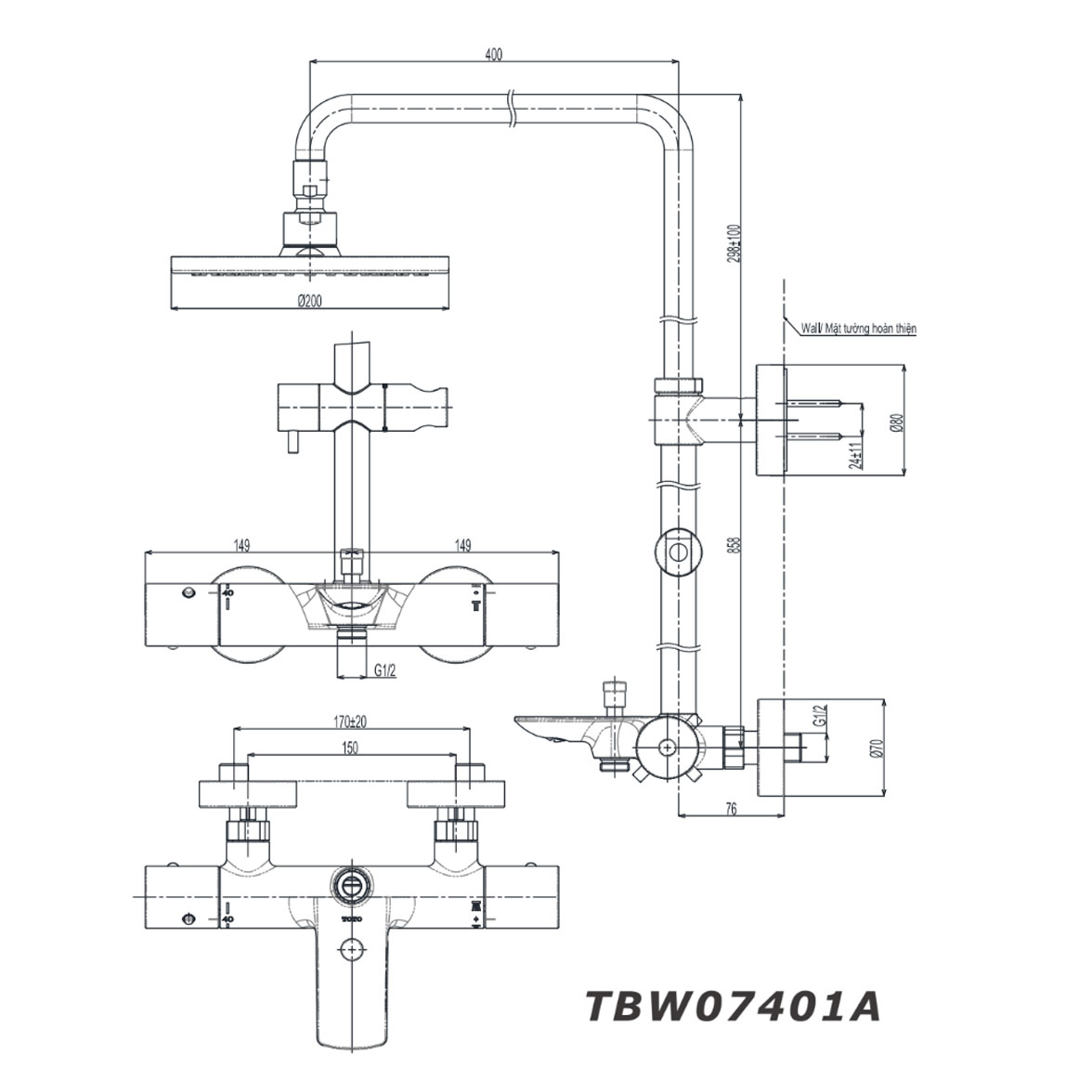 Bản vẽ kỹ thuật Vòi sen cây TOTO TBW07401A nhiệt độ